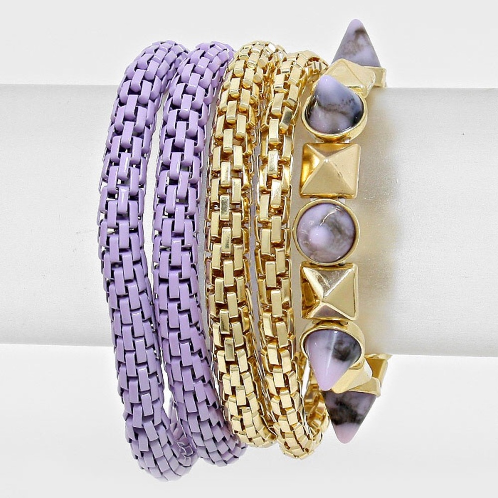 Lavender Marble Stone Metal Mesh Stretch Bracelet